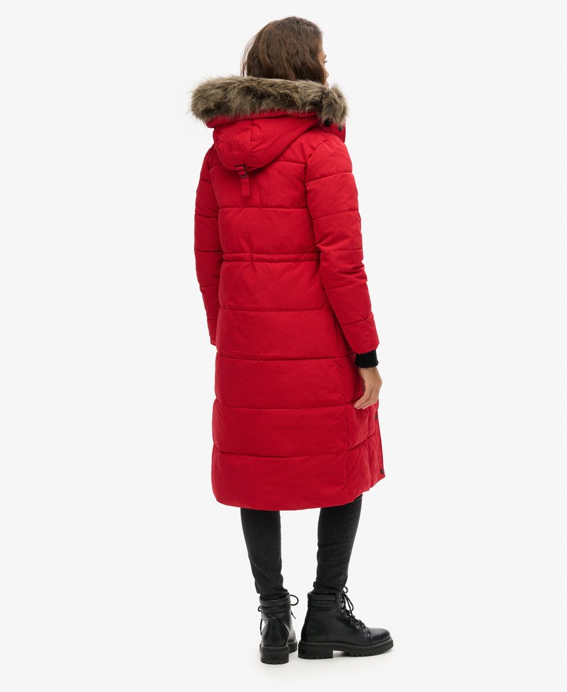 everest longline puffer coat in diep rood