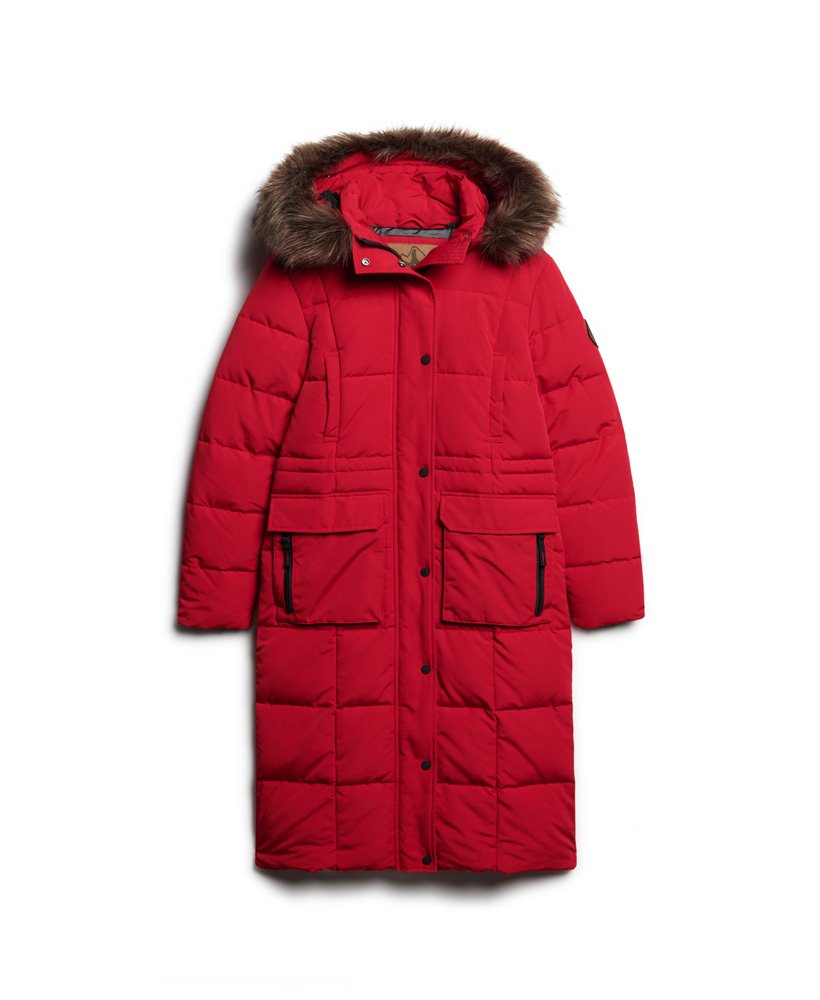 everest longline puffer coat in diep rood