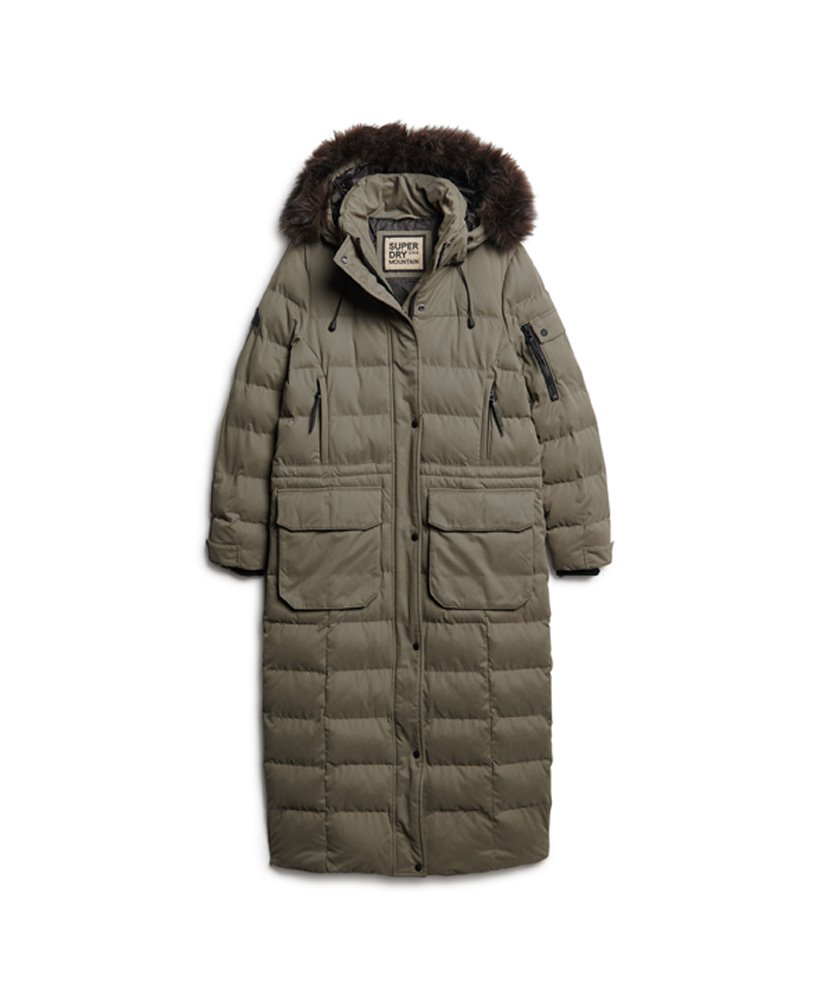 parka met capuchon van imitatiebont lange uitvoering in donker kaki.