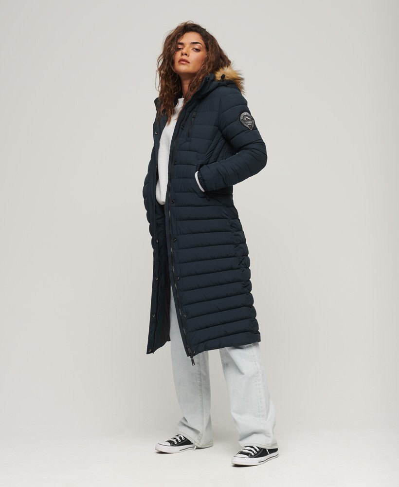 fuji hooded longline puffer coat in nordic chrome navy