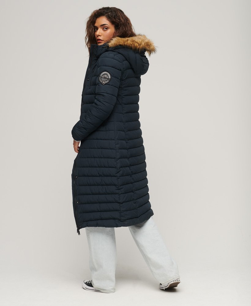 fuji hooded longline puffer coat in nordic chrome navy