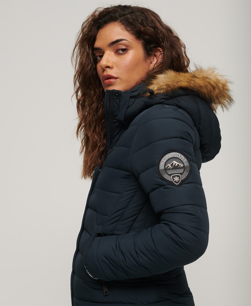 fuji hooded longline puffer coat in nordic chrome navy