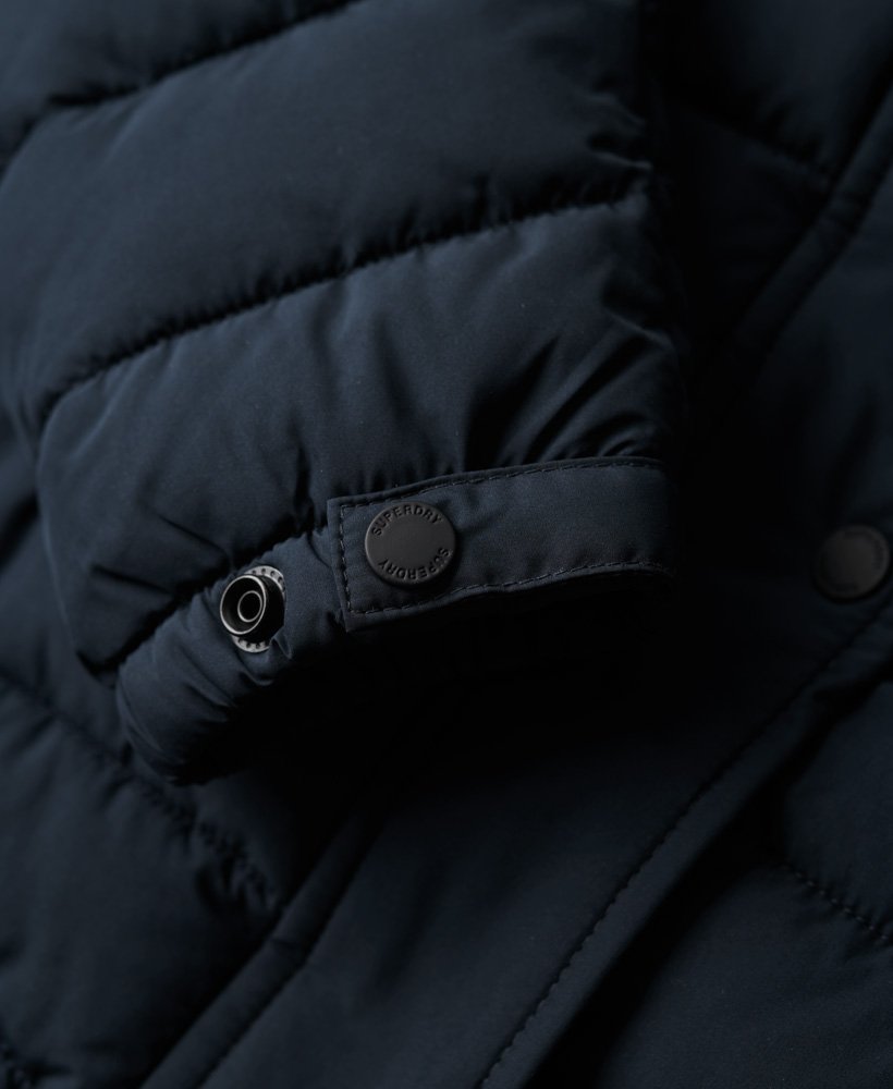 fuji hooded longline puffer coat in nordic chrome navy