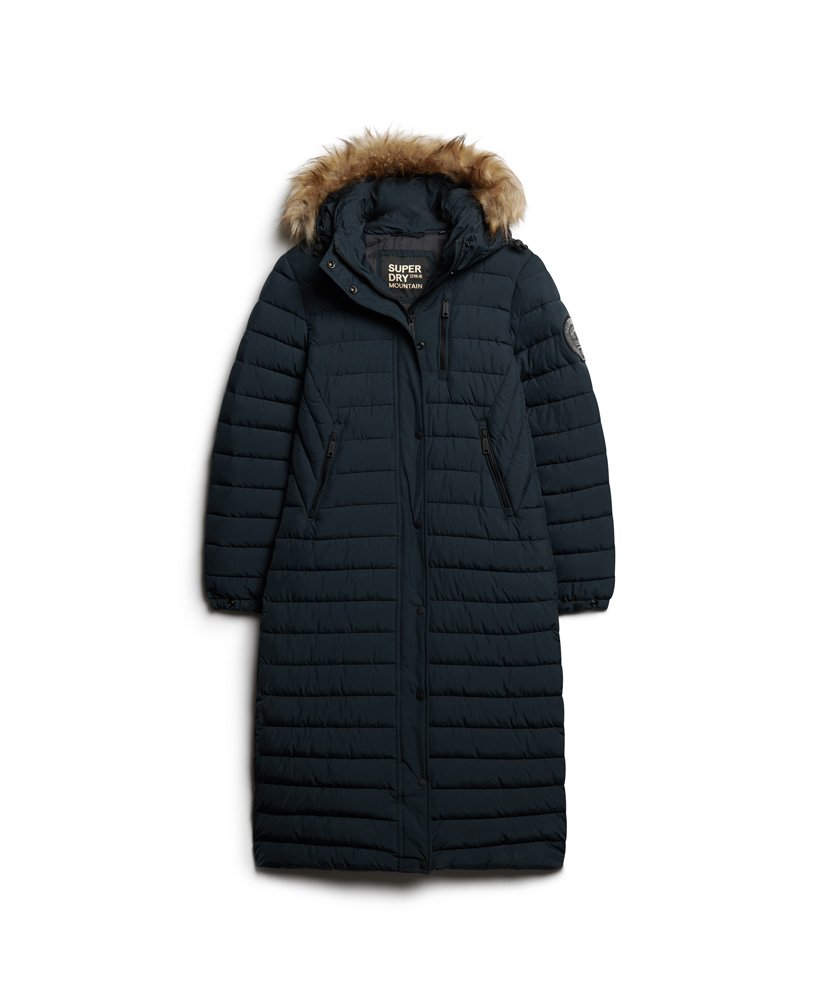 fuji hooded longline puffer coat in nordic chrome navy