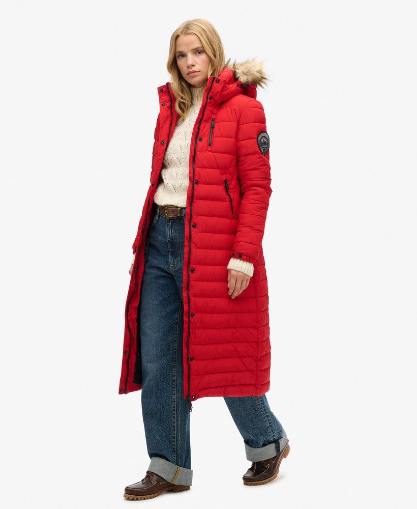 fuji hooded longline puffer coat in varsity red