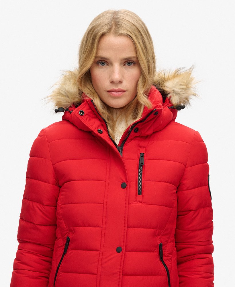 fuji hooded longline puffer coat in varsity red