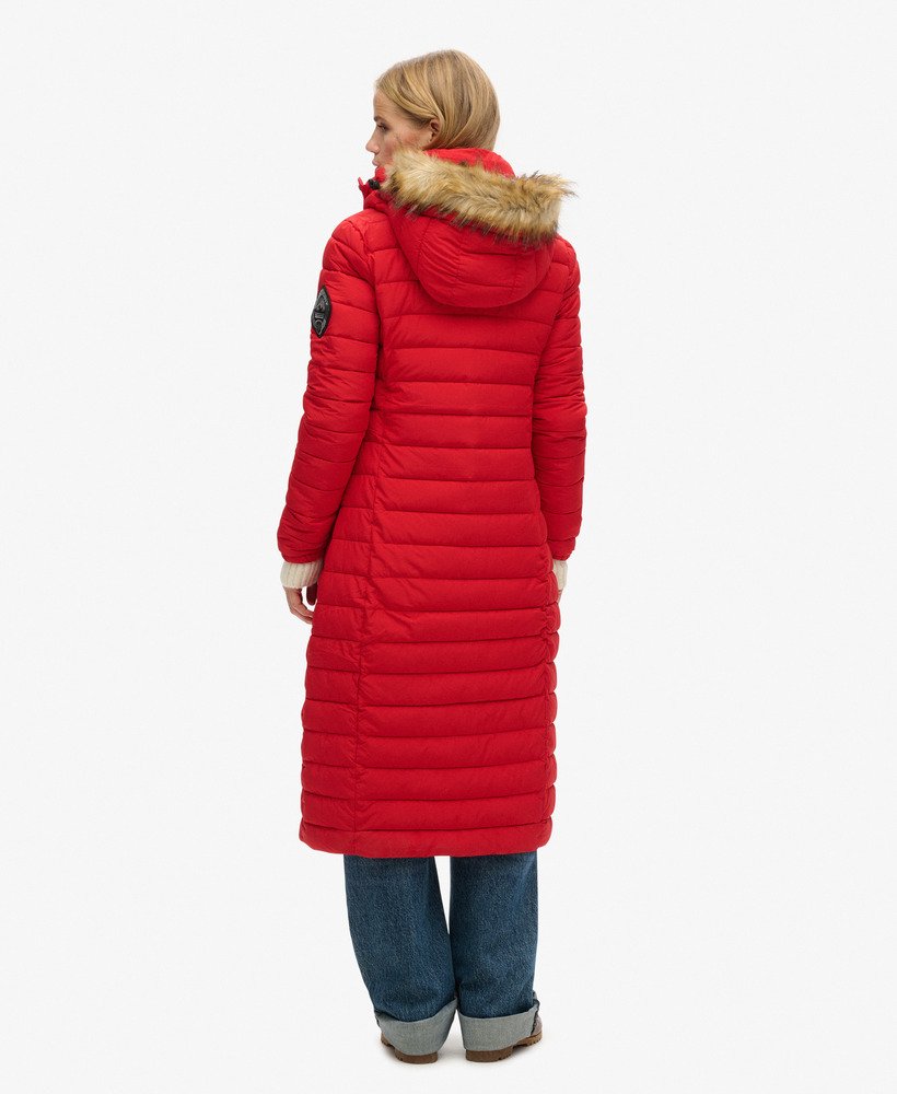 fuji hooded longline puffer coat in varsity red