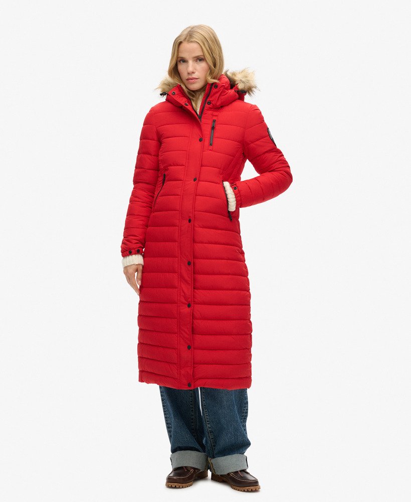 fuji hooded longline puffer coat in varsity red