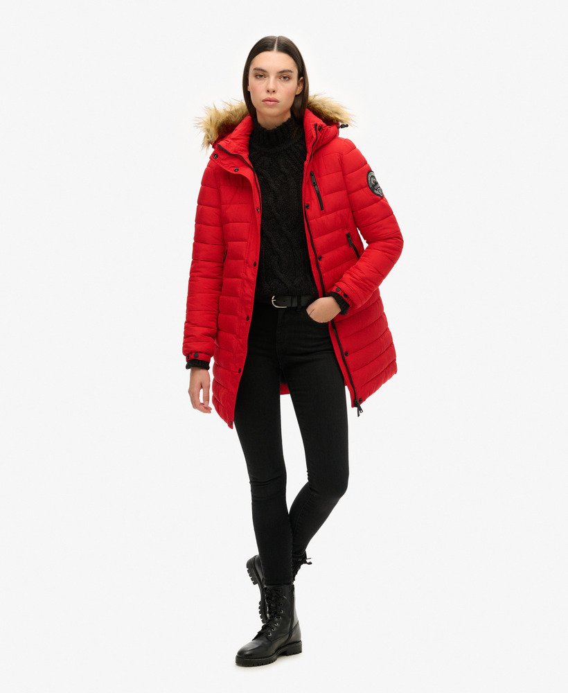 fuji hooded mid length puffer coat in varsity red