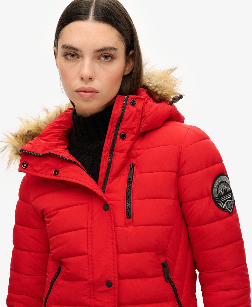 fuji hooded mid length puffer coat in varsity red