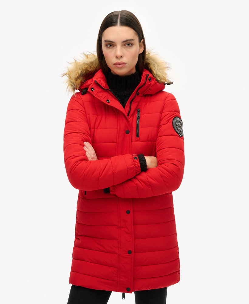 fuji hooded mid length puffer coat in varsity red