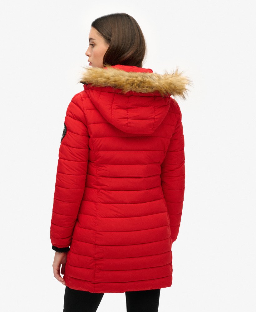 fuji hooded mid length puffer coat in varsity red