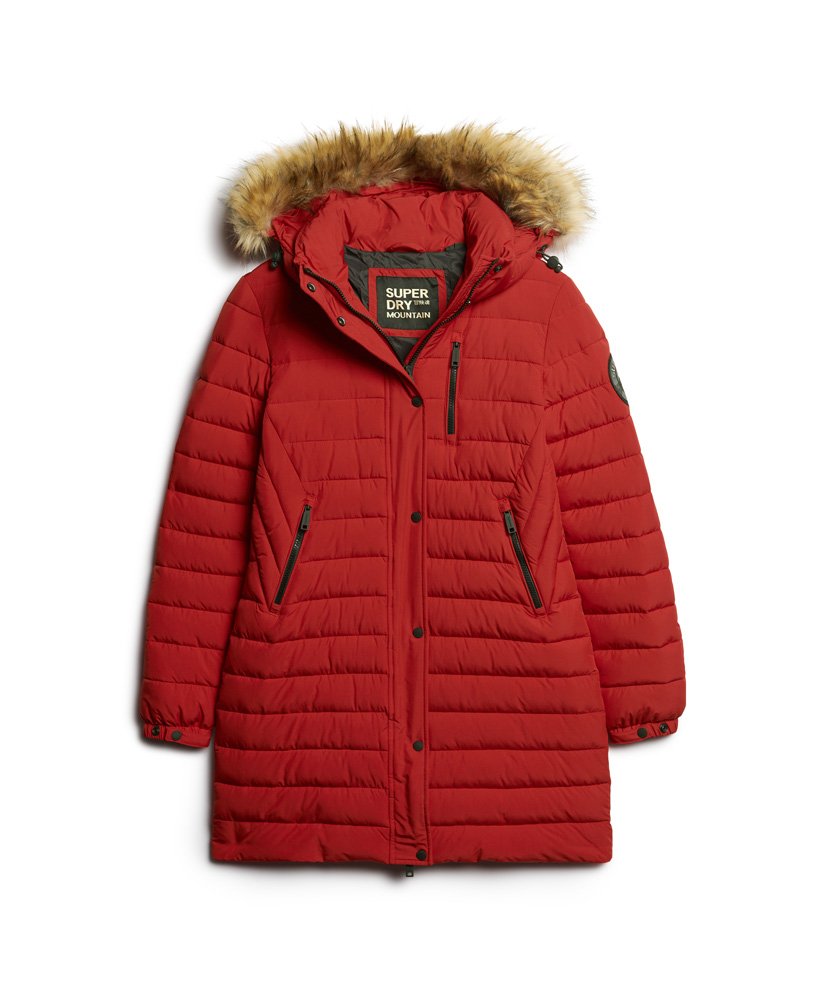 fuji hooded mid length puffer coat in varsity red