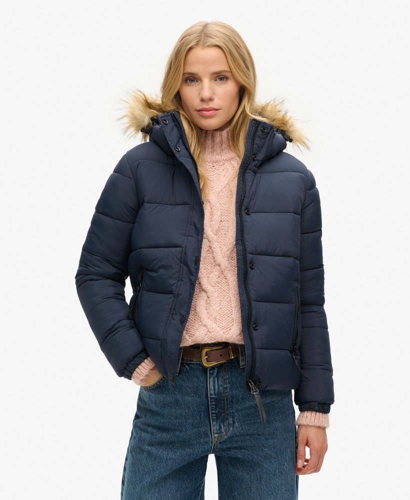 korte pufferjas met capuchon van imitatiebont in eclipse navy