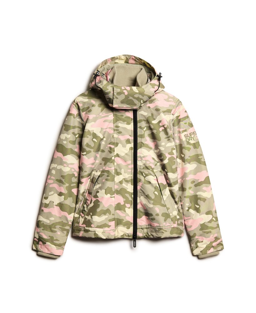 windjack met capuchon in zeegrasgroen met roze camouflageprint