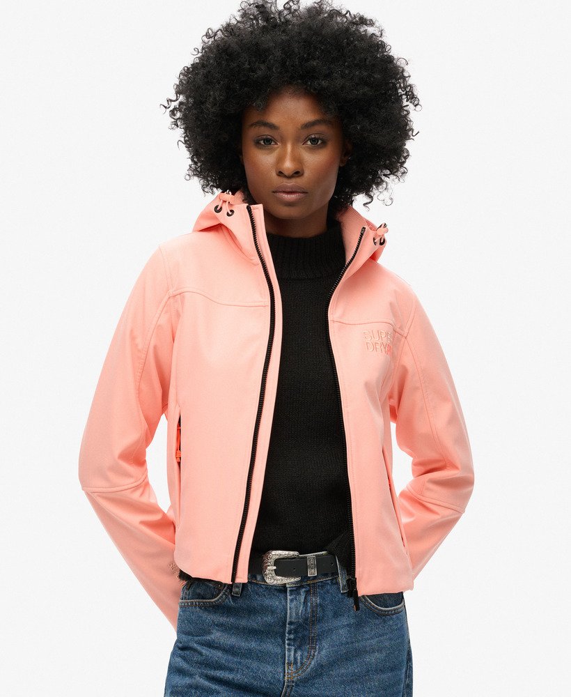 hooded soft shell trekker jacket in peach pearl pink