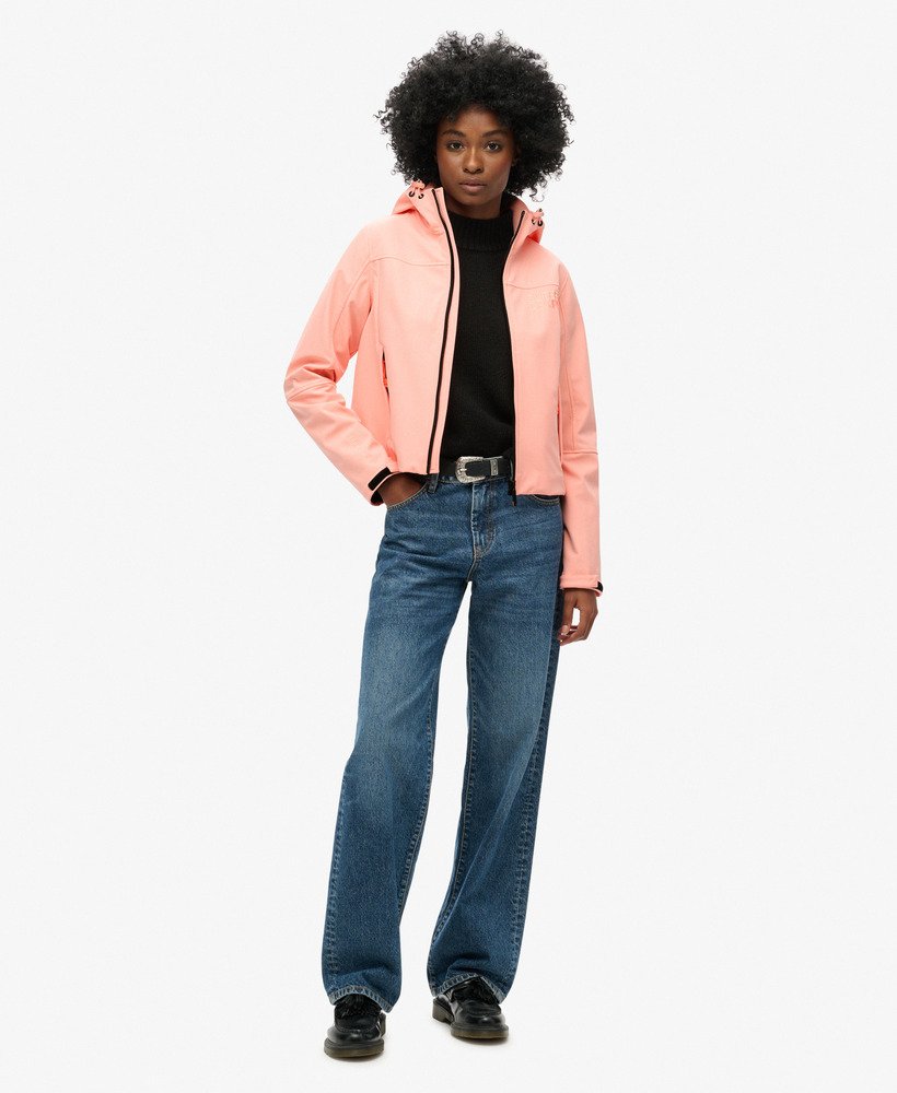 hooded soft shell trekker jacket in peach pearl pink