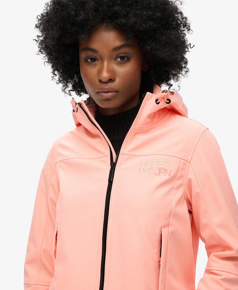 hooded soft shell trekker jacket in peach pearl pink