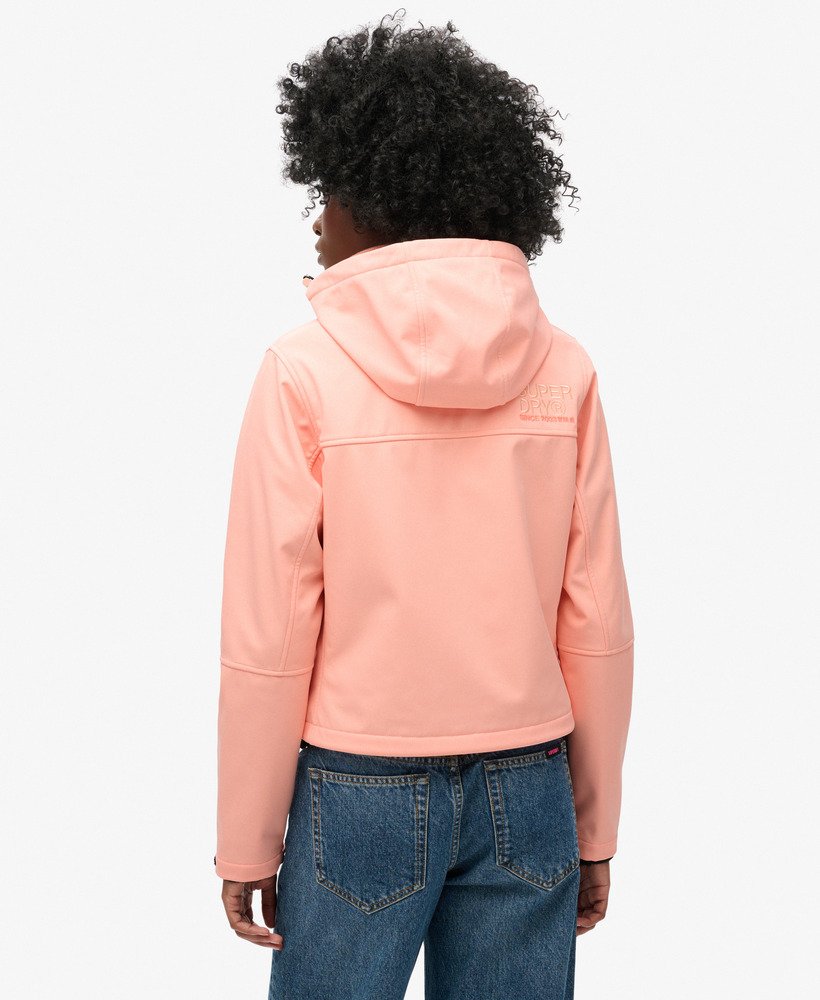 hooded soft shell trekker jacket in peach pearl pink