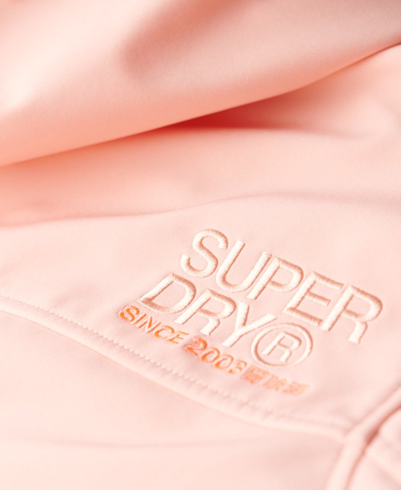 hooded soft shell trekker jacket in peach pearl pink