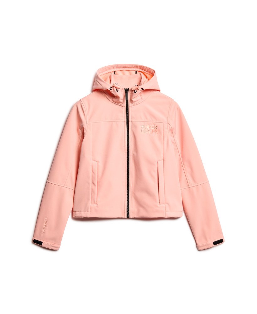 hooded soft shell trekker jacket in peach pearl pink