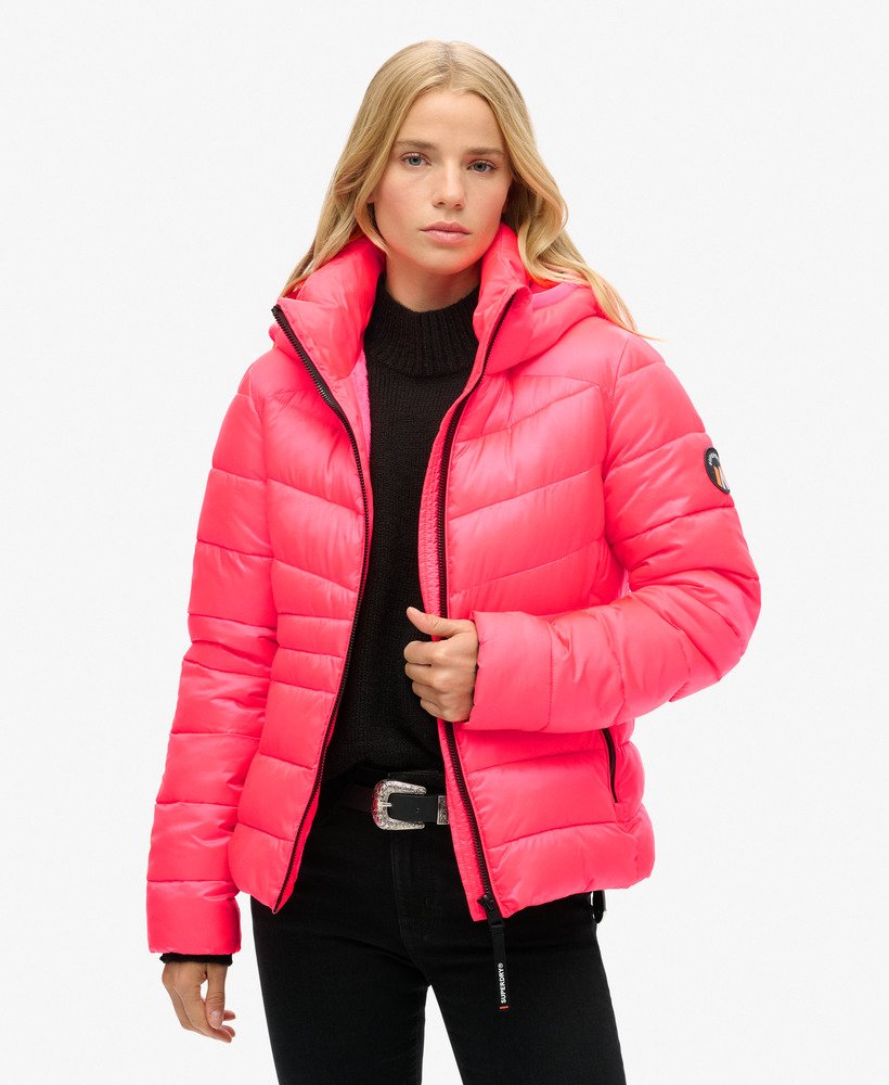 gewatteerde jas met capuchon van fuji in hyper fire pink