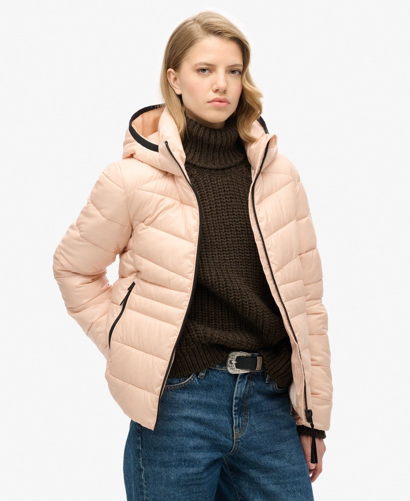 gewatteerde fuji-jas met capuchon in frappe beige