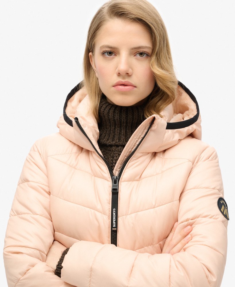 gewatteerde fuji-jas met capuchon in frappe beige