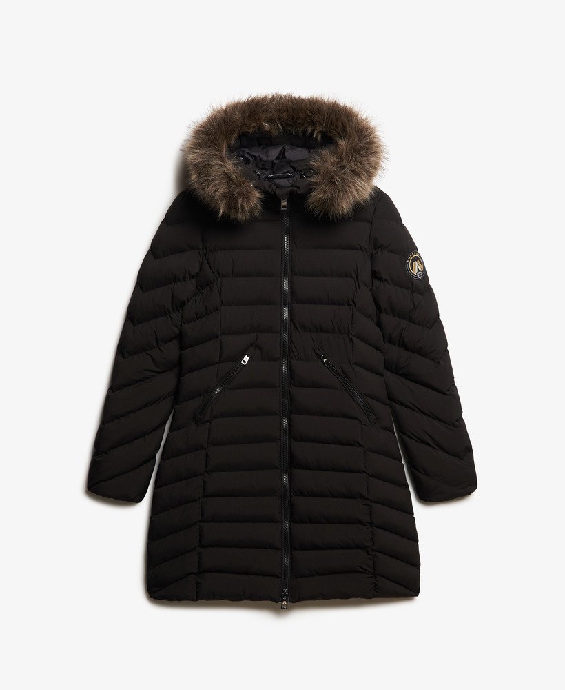 fuji pufferjas met capuchon van imitatiebont middellang model in zwart.