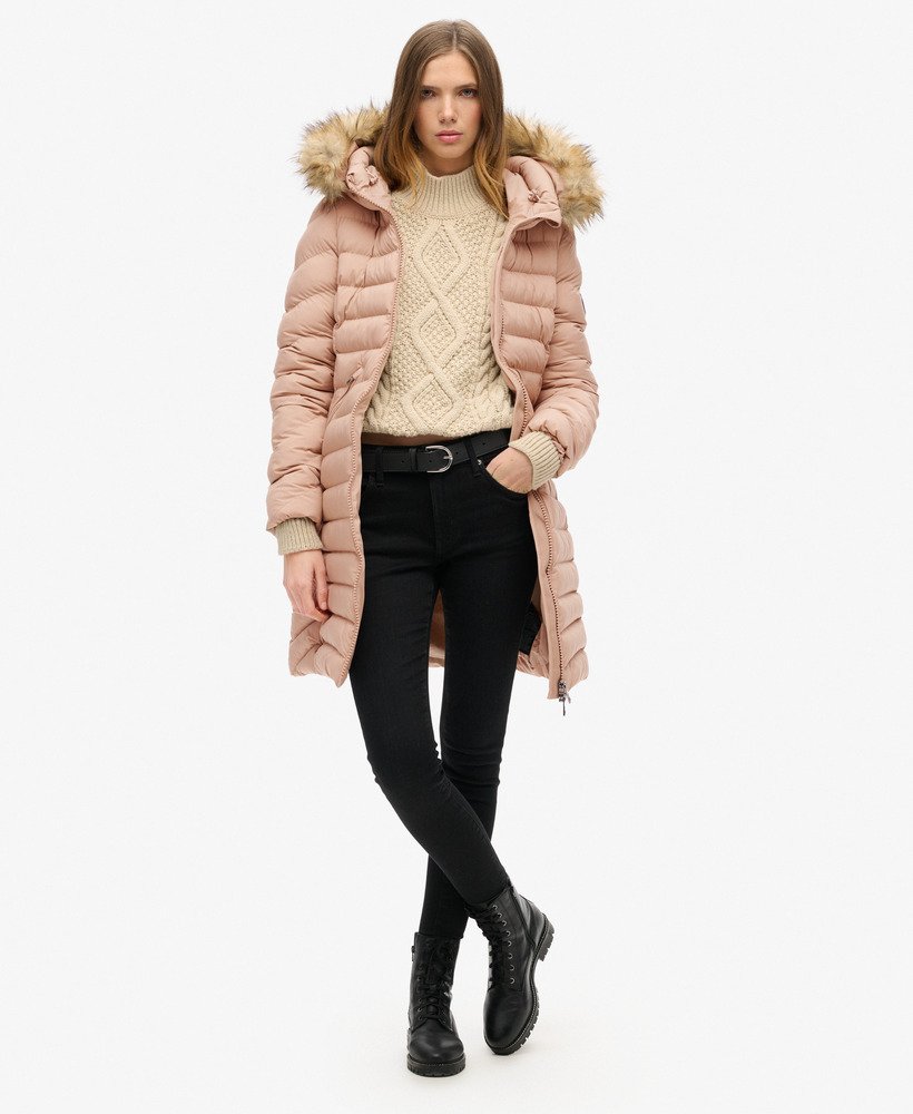 fuji gewatteerde jas met capuchon van imitatiebont in wintertaupe