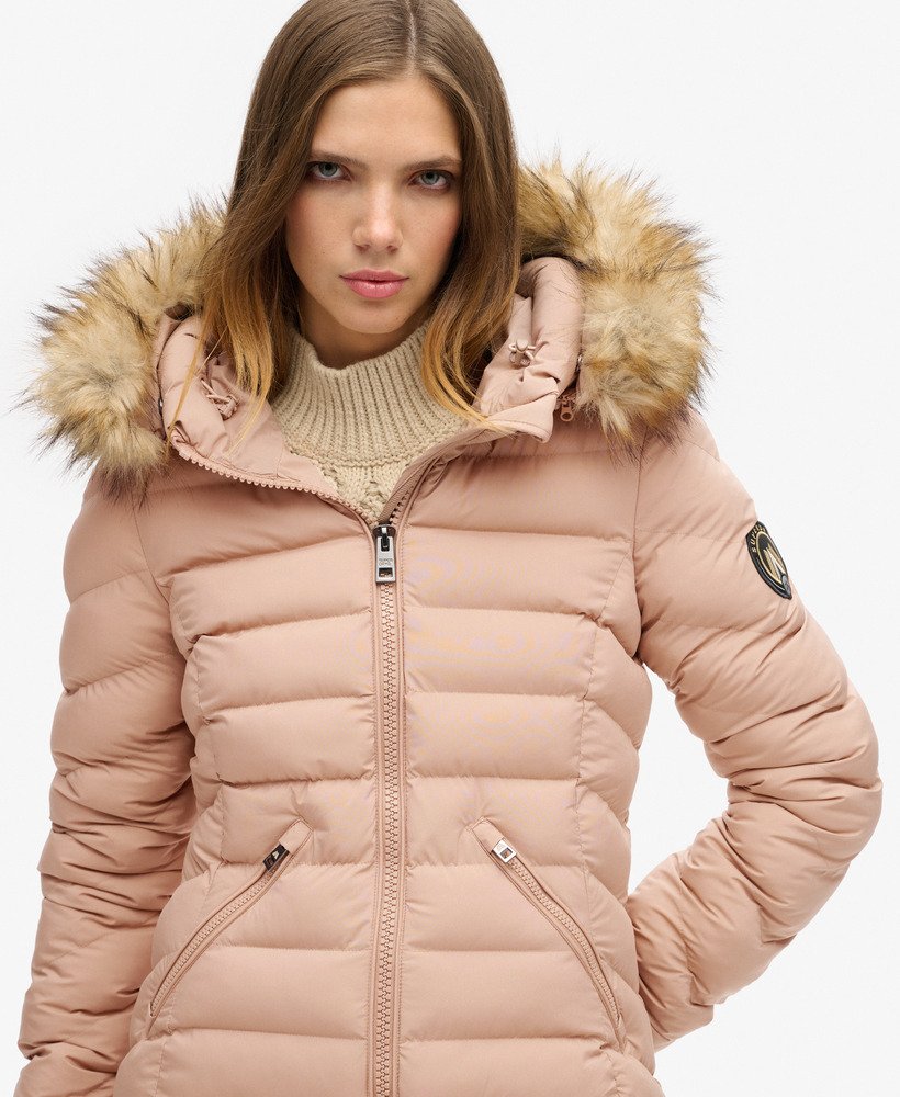 fuji gewatteerde jas met capuchon van imitatiebont in wintertaupe