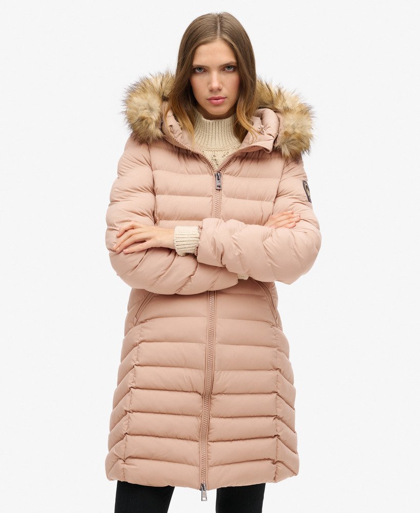 fuji gewatteerde jas met capuchon van imitatiebont in wintertaupe