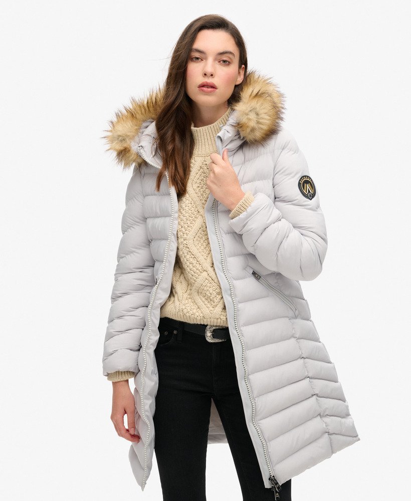 fuji faux fur hood mid length puffer coat in moonlight grey