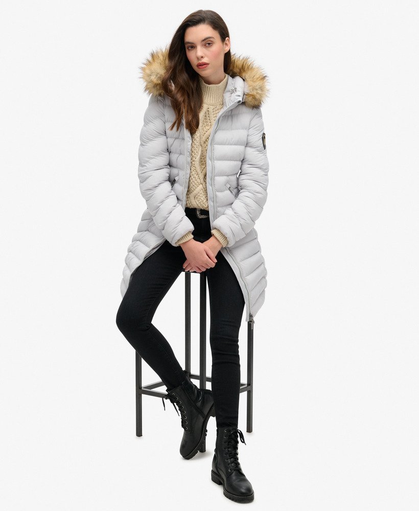 fuji faux fur hood mid length puffer coat in moonlight grey