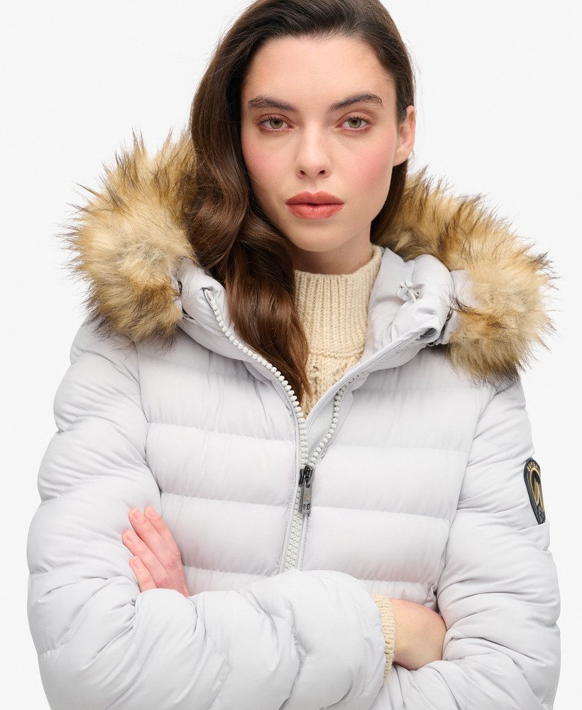 fuji faux fur hood mid length puffer coat in moonlight grey