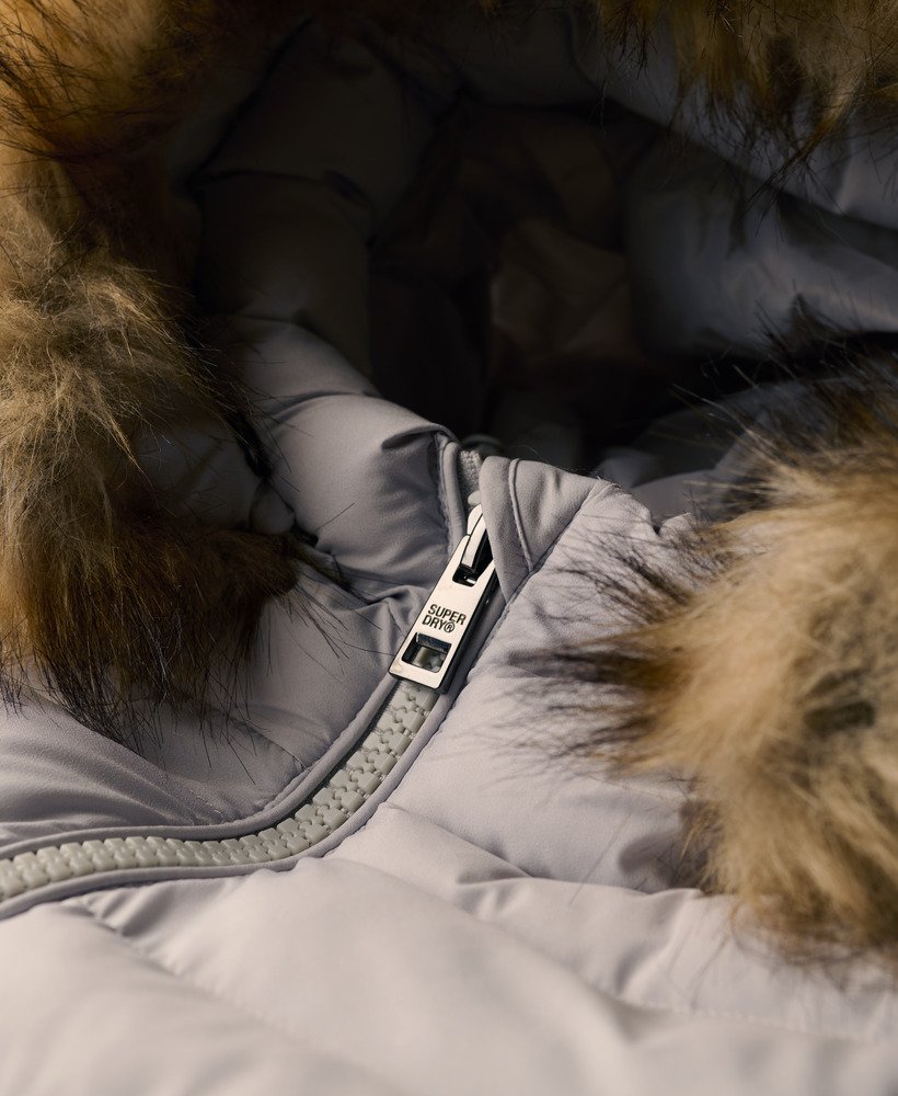 fuji faux fur hood mid length puffer coat in moonlight grey
