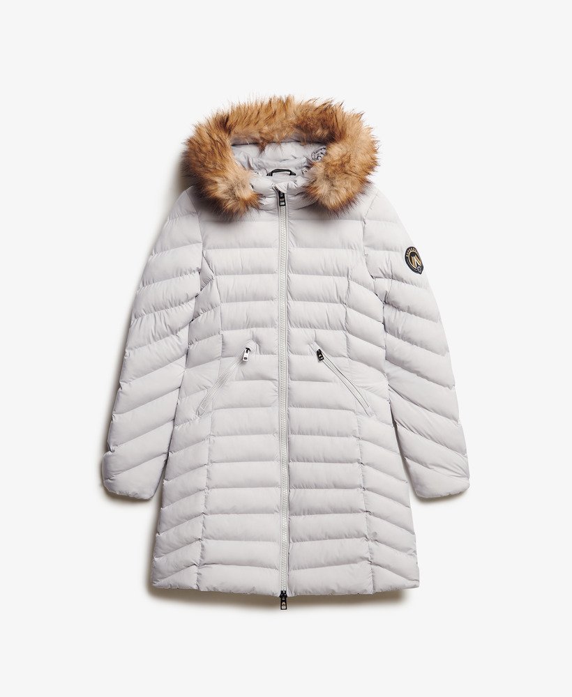 fuji faux fur hood mid length puffer coat in moonlight grey