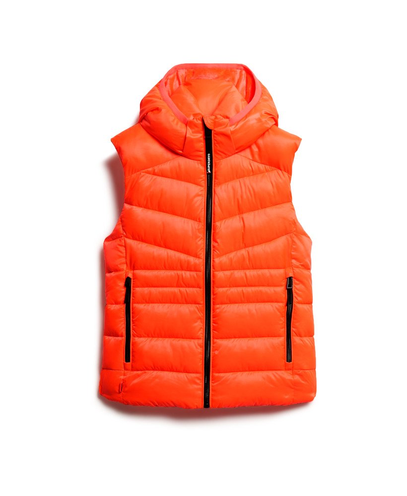 capuchonvest met fuji quilt-vulling in vulkanisch koraal