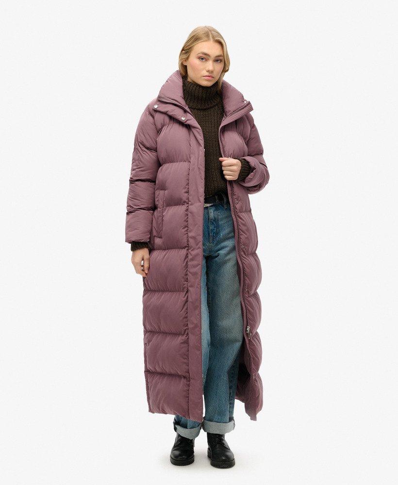 maxi lange gewatteerde jas in flint purple