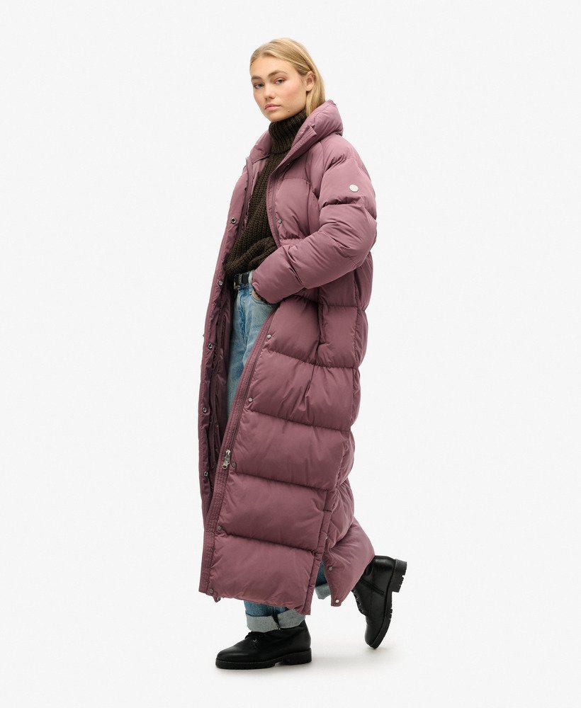 maxi lange gewatteerde jas in flint purple