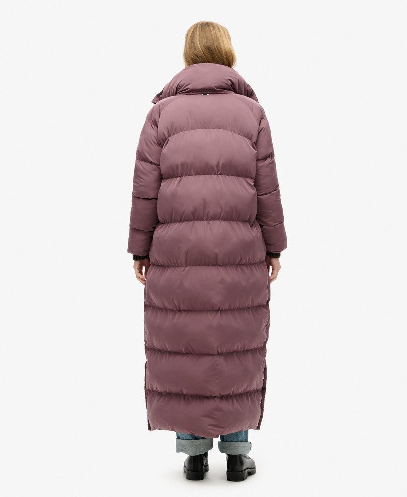 maxi lange gewatteerde jas in flint purple
