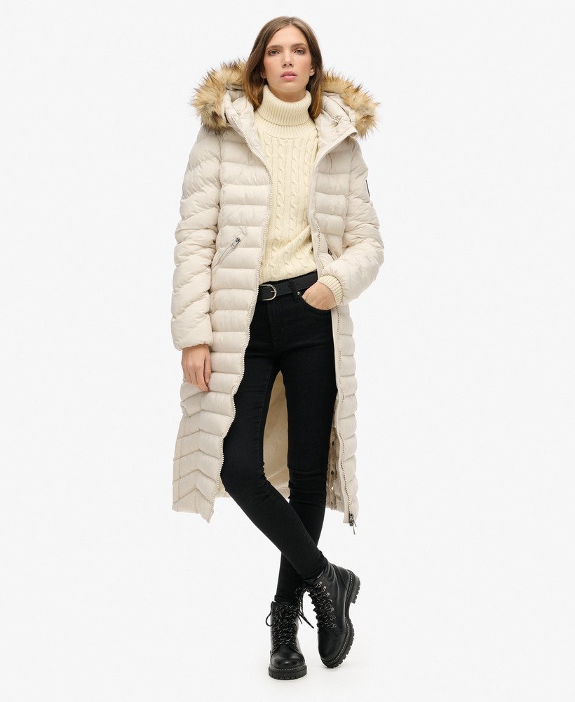 fuji faux fur hooded longline jacket in rainy day grey