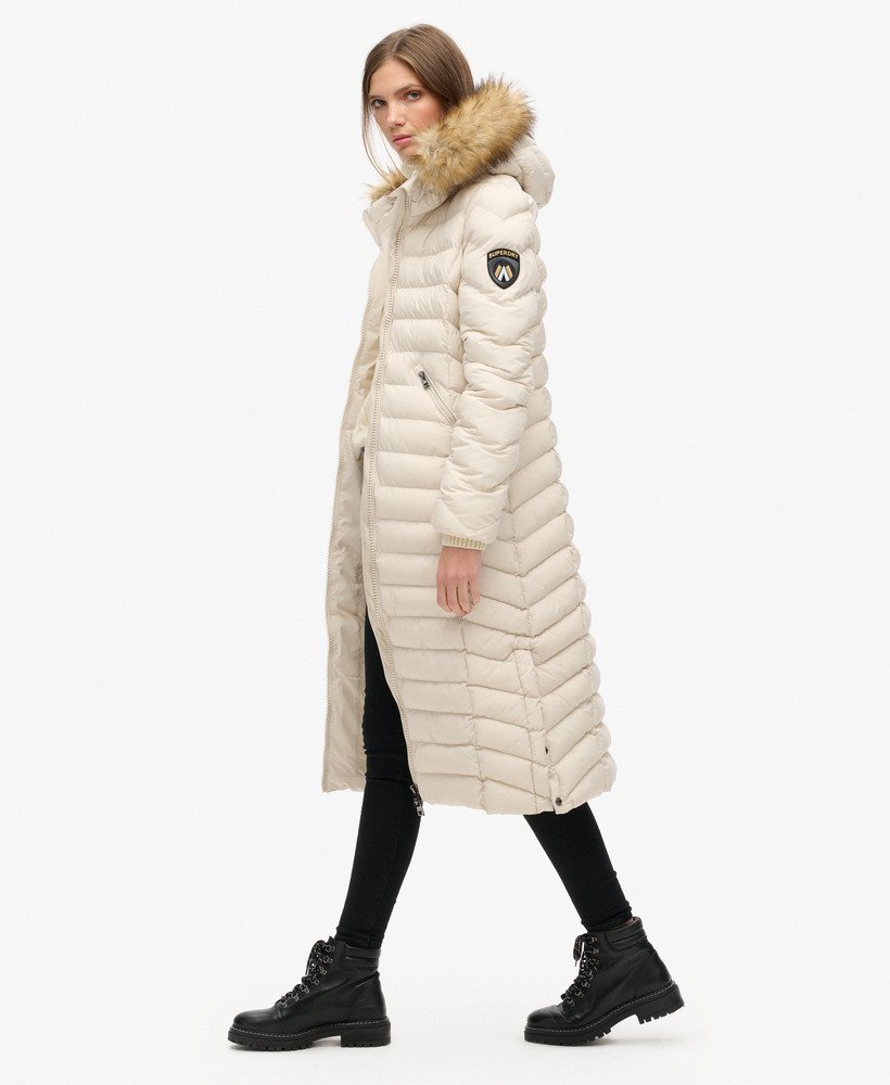 fuji faux fur hooded longline jacket in rainy day grey