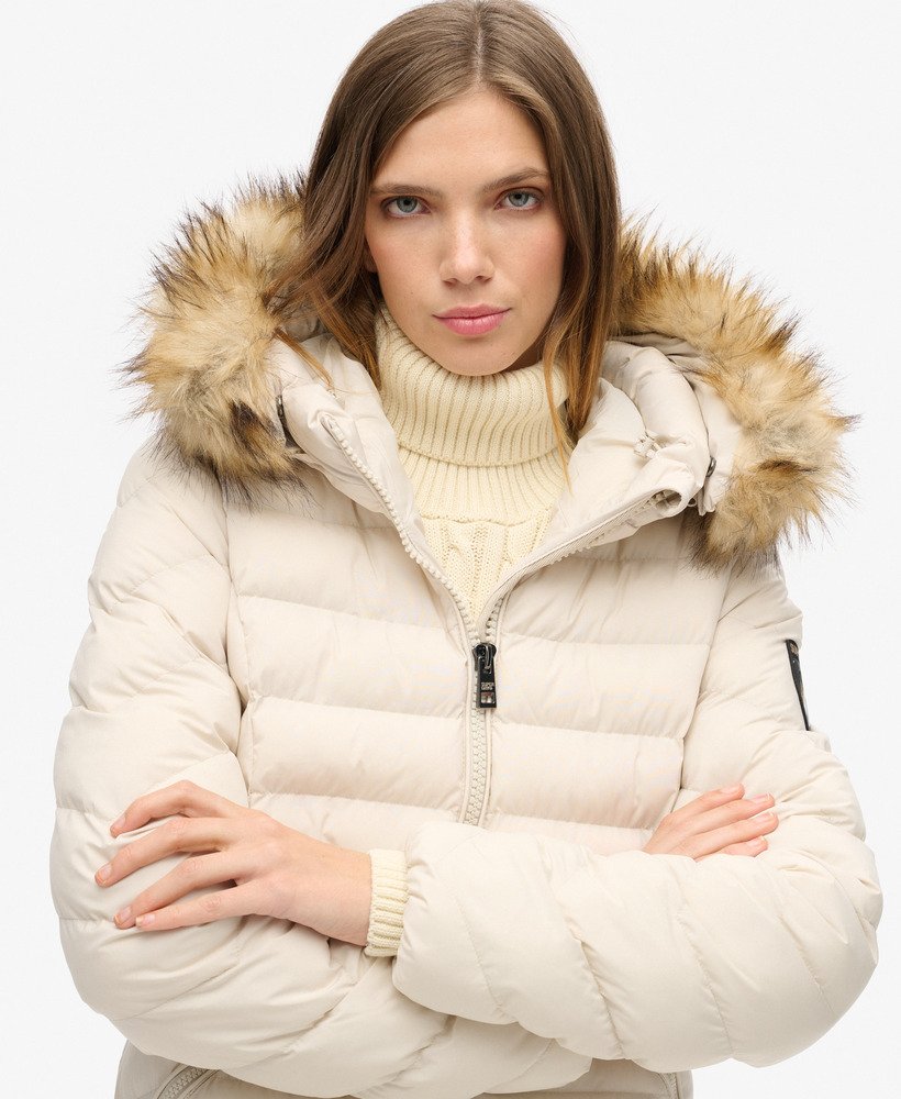 fuji faux fur hooded longline jacket in rainy day grey