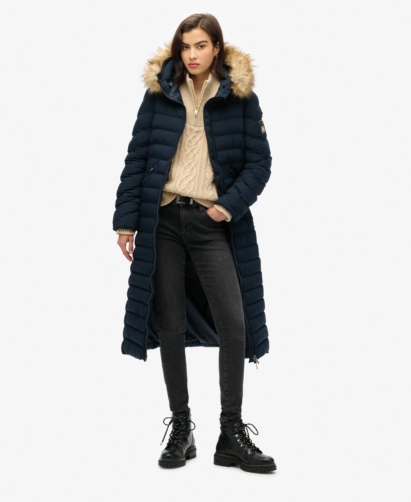 fuji faux fur hooded longline jacket in eclipse navy