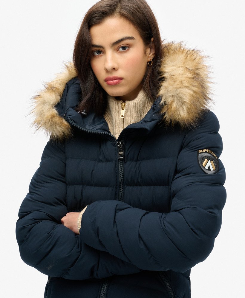 fuji faux fur hooded longline jacket in eclipse navy