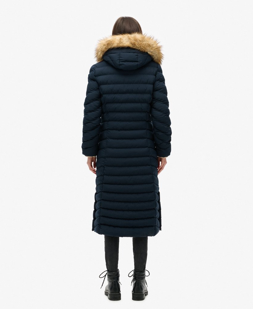 fuji faux fur hooded longline jacket in eclipse navy
