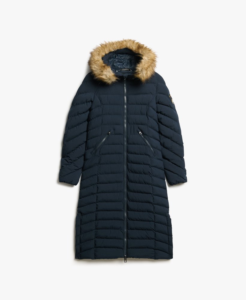 fuji faux fur hooded longline jacket in eclipse navy
