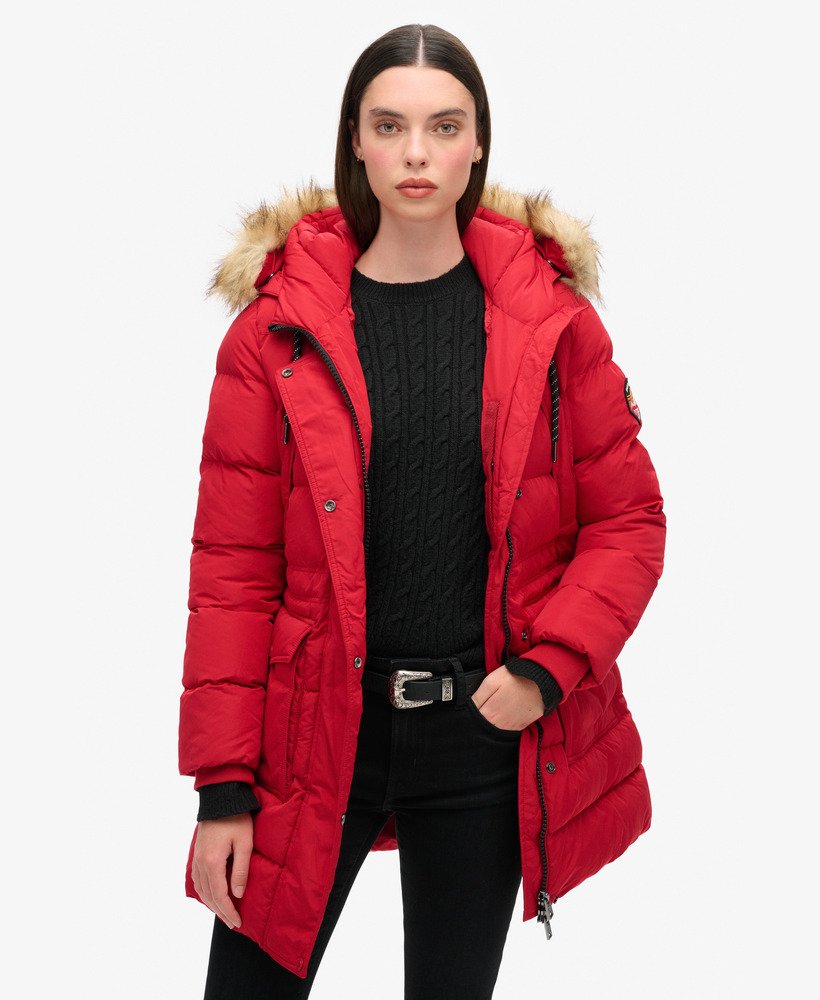 everest mid faux fur puffer coat in barndoor red