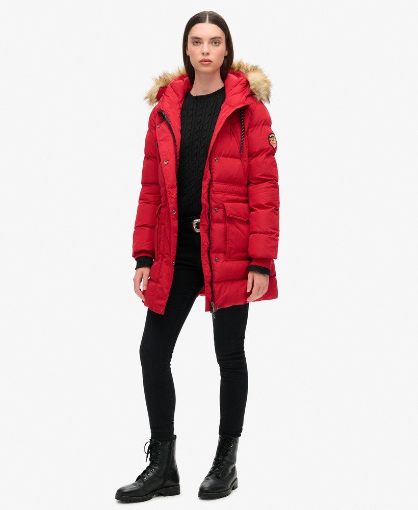 everest mid faux fur puffer coat in barndoor red